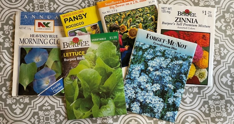assorted seed packets for flowers and vegetables on a table representing the different types of seeds you can grow